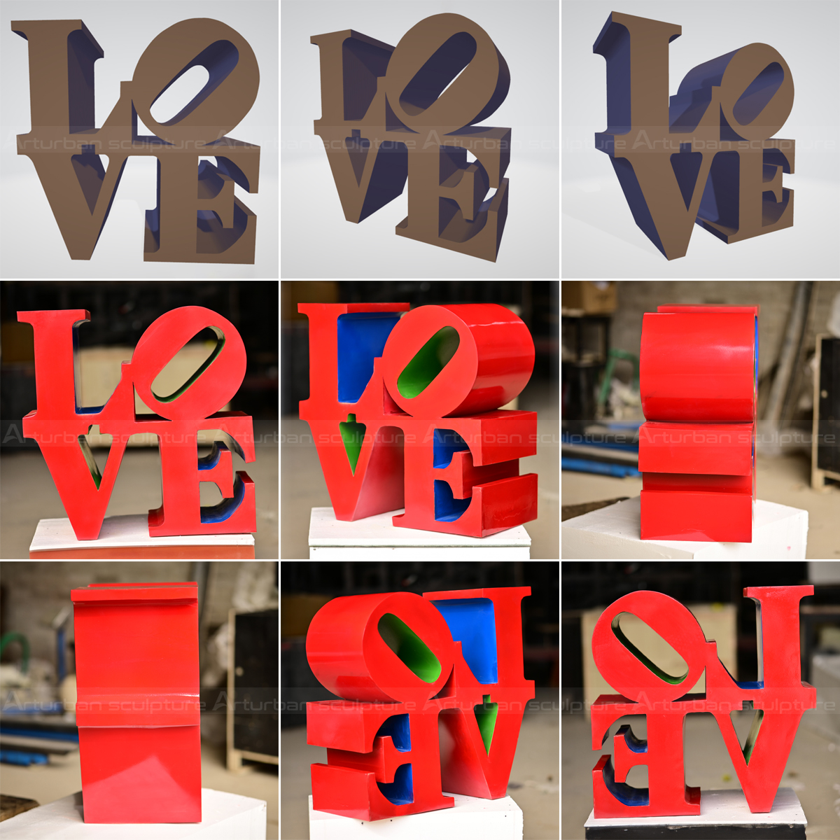 collage of multiple views of Robert Indiana LOVE sculpture