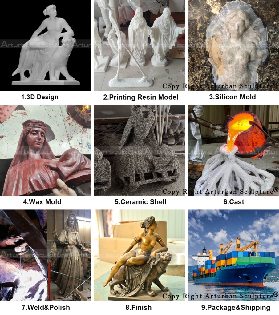collage of production process of making bronze Ariadne on the panther statue