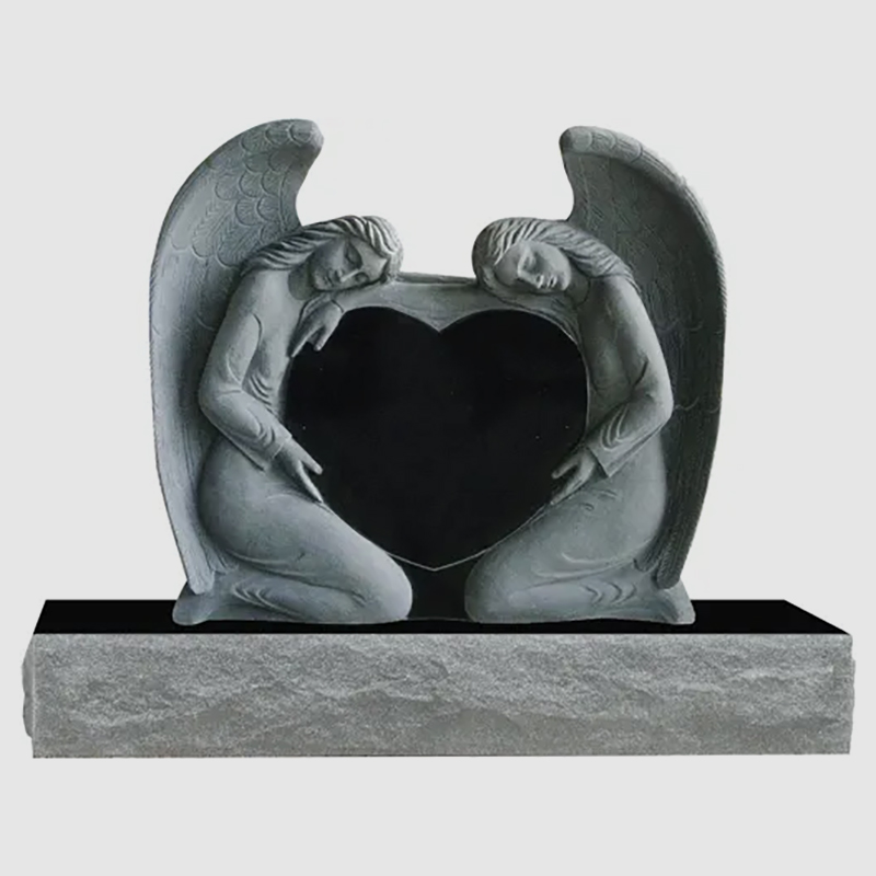 double Kneeling Angel With Heart-shaped granite headstone