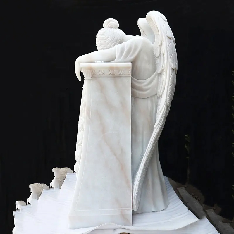 side view of Angel of Grief marble Statue showcasing the angel's bent posture