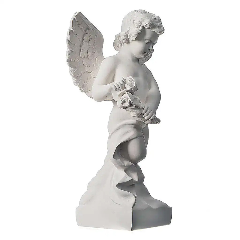 side view of marble Cherub Angel holding a bunch of flowers Statue for memorial or cemetery