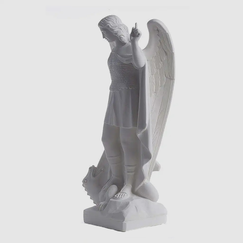 side view of white marble St Michael Outdoor Statue pointing to sky