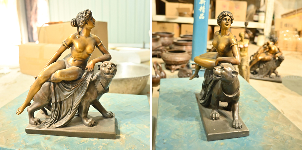 two different angles of collage of Ariadne sitting on the panther Sculpture