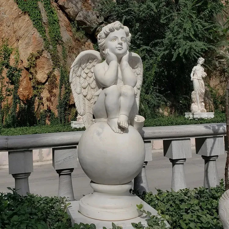white Stone Cherub looking forward Statue
