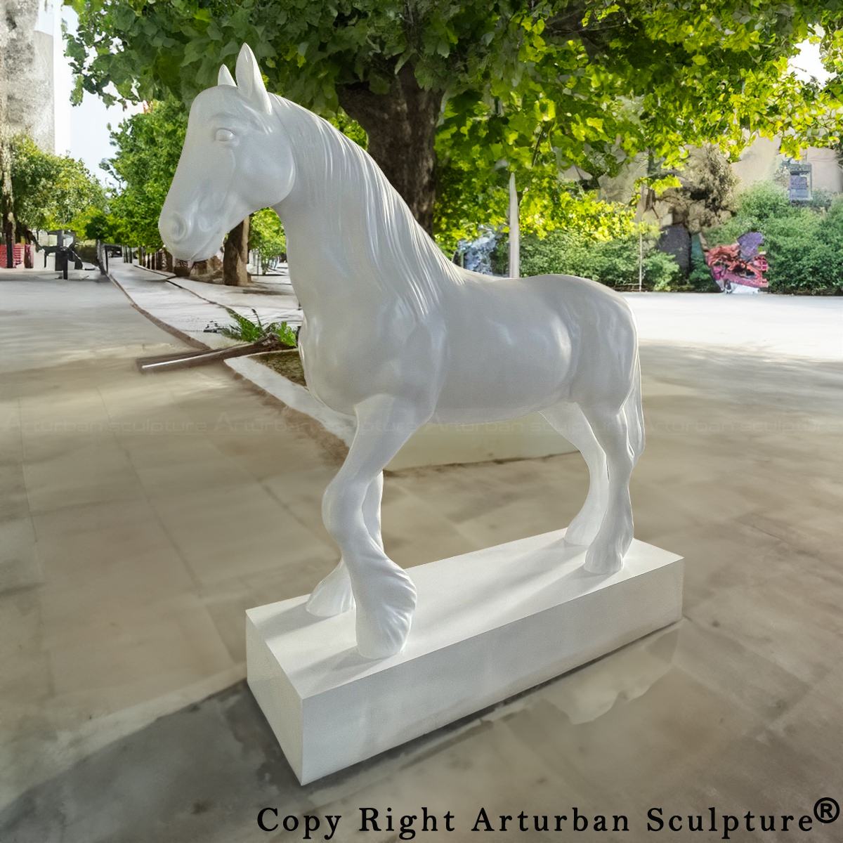 white fiberglass draft horse yard statue