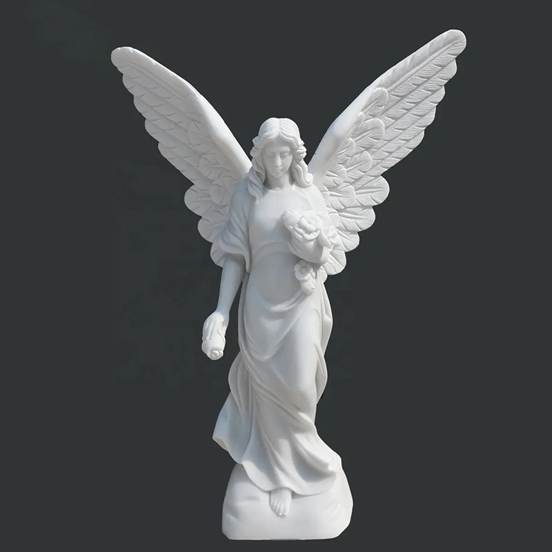 white marble Angel Garden Sculpture holding flowers