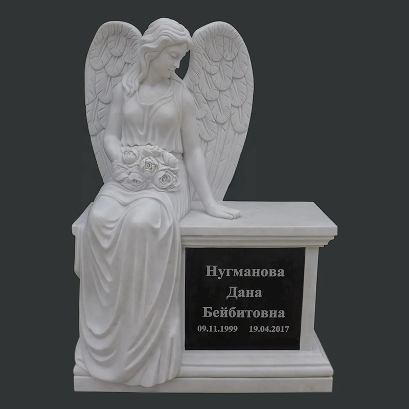 white marble Angel Statue sitting on Headstone holding a bouquet of roses