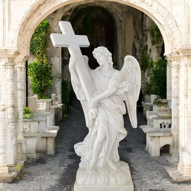 white marble Angel With Cross Statue