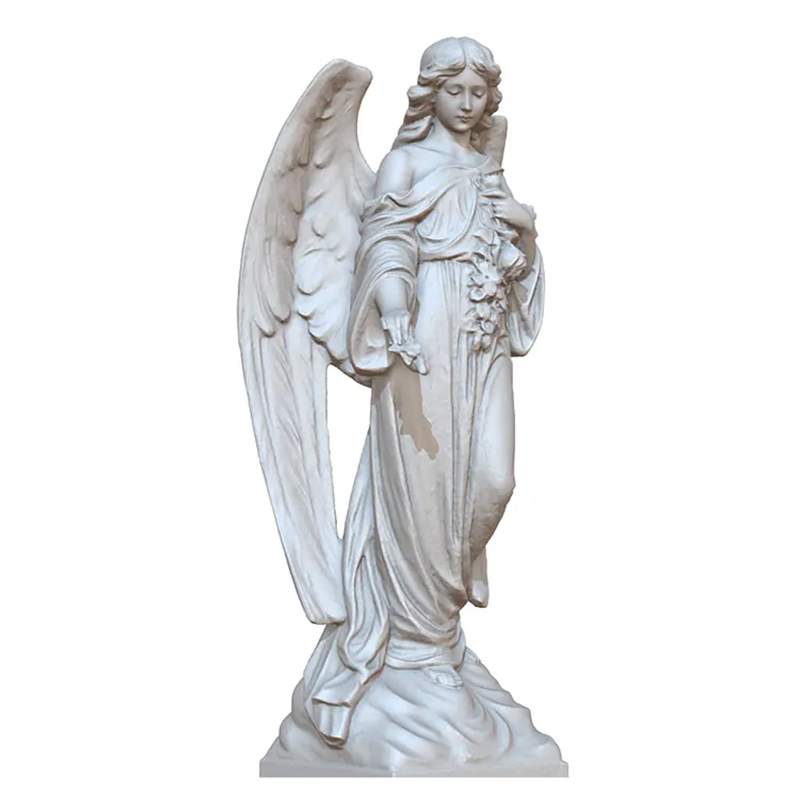 white marble Archangel Gabriel Sculpture showing Gabriel scattering petals