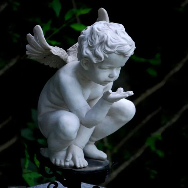 white marble Cherub squatting and Blowing Kiss Statue