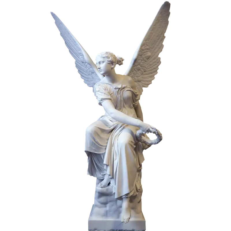 white marble Nike Angel Statue holding a laurel wreath