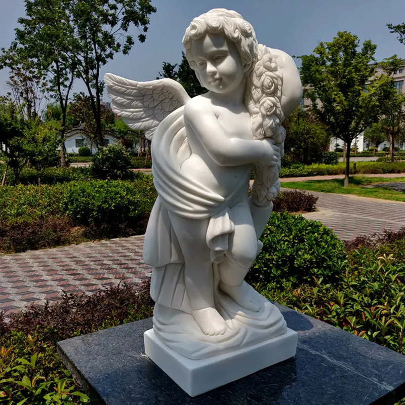 white marble Stone Cherub Garden Ornaments holding a bouquet of flowers