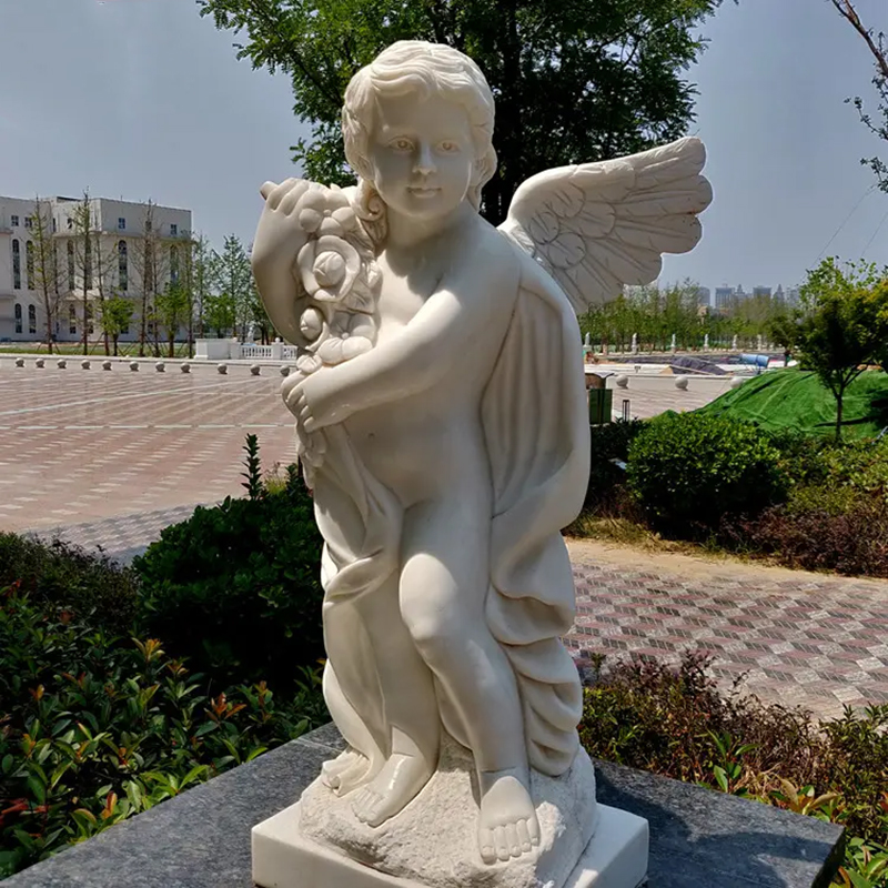 white marble Stone Cherub Garden Ornaments holding a bunch of flowers