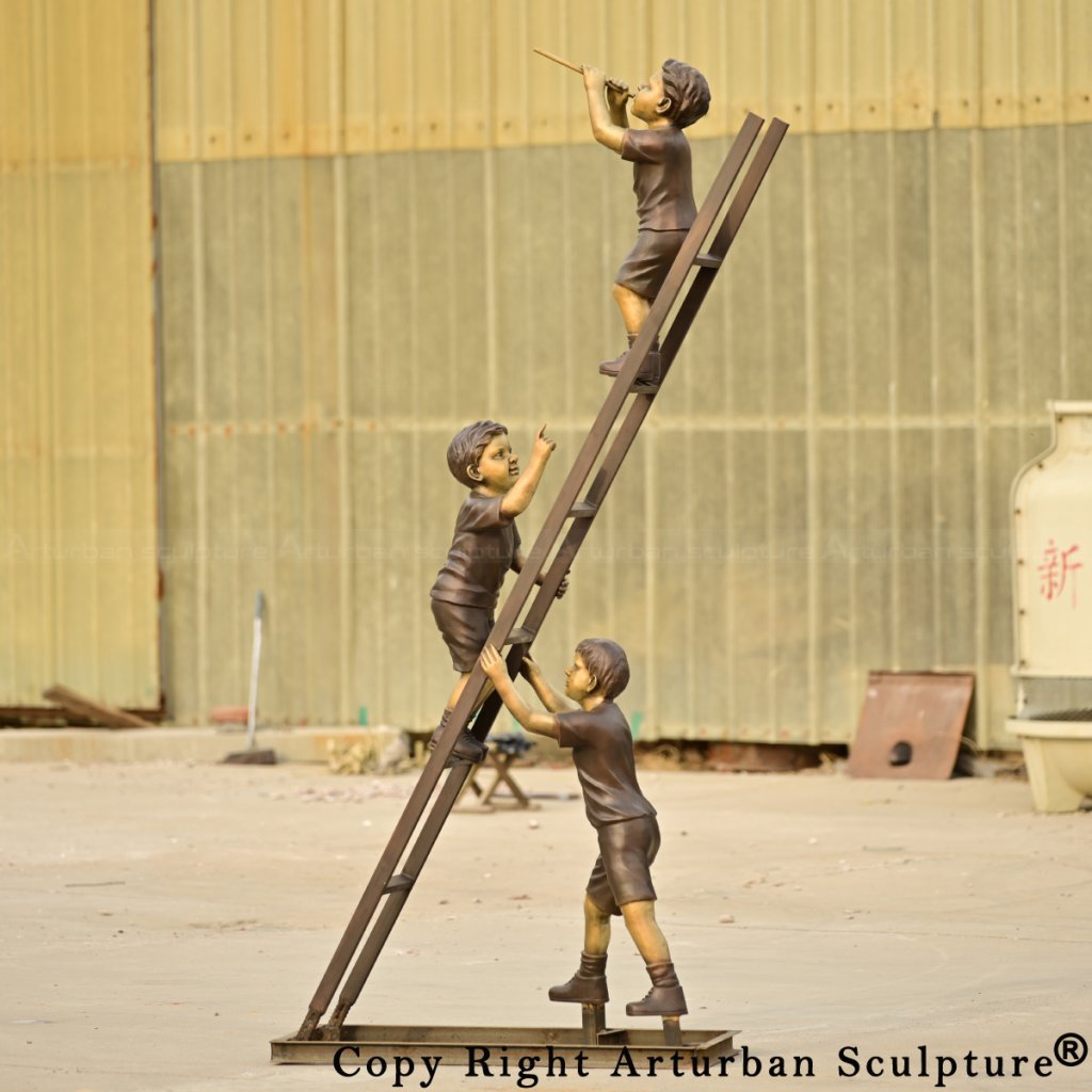 bronze Children on Ladder Statue showing one child supporting, one pointing upward, and one playing the flute.