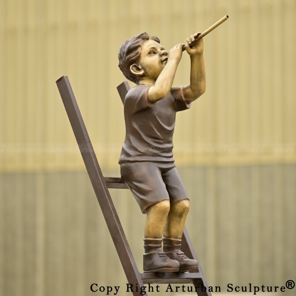 Children on Ladder bronze Sculpture showing A child climbing a ladder and pointing upward, supported by another child holding the ladder