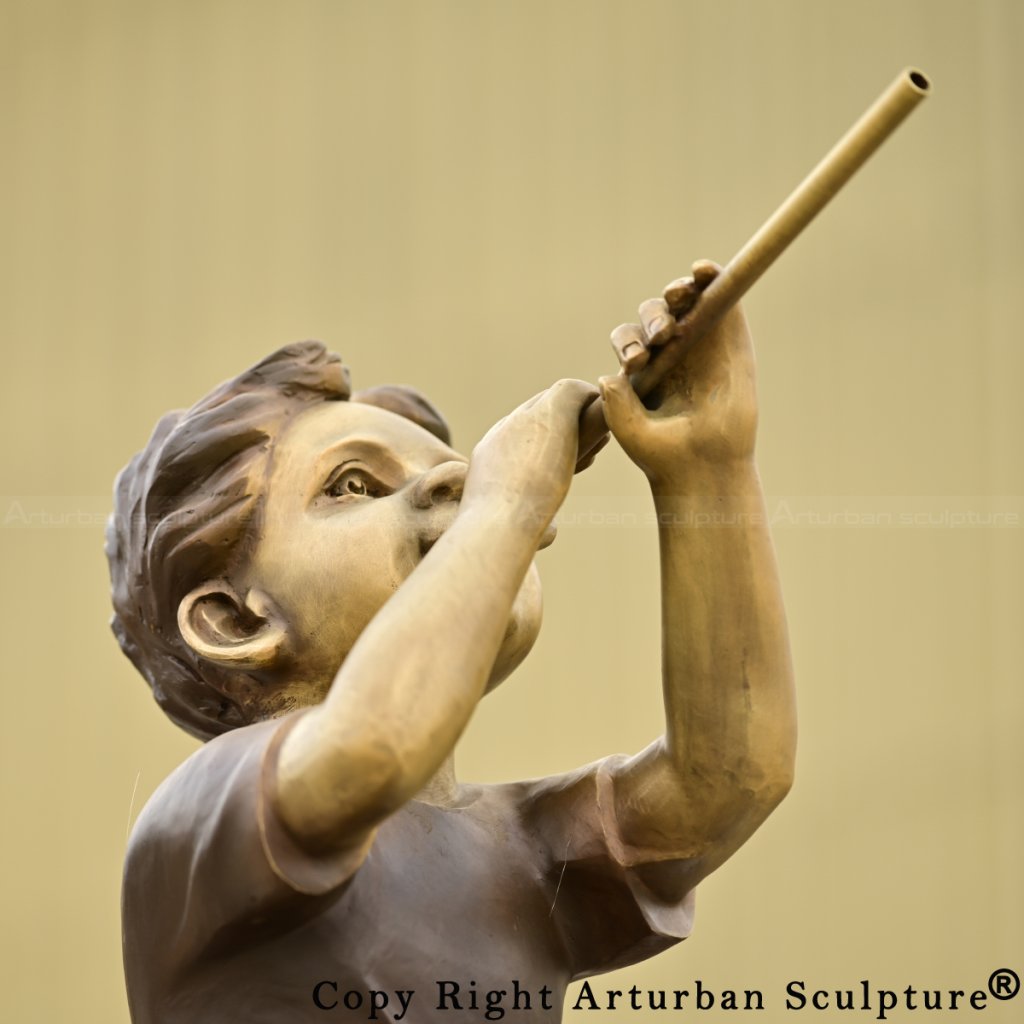 Children on Ladder bronze Sculpture showing a boy playing a flute