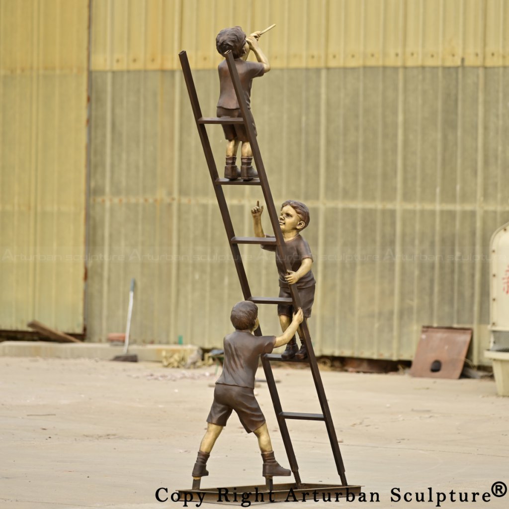 three kids playing on a ladder bronze statue