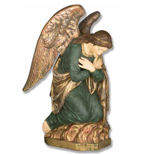 A kneeling angel sculpture in a green robe with golden wings, arms crossed over the chest