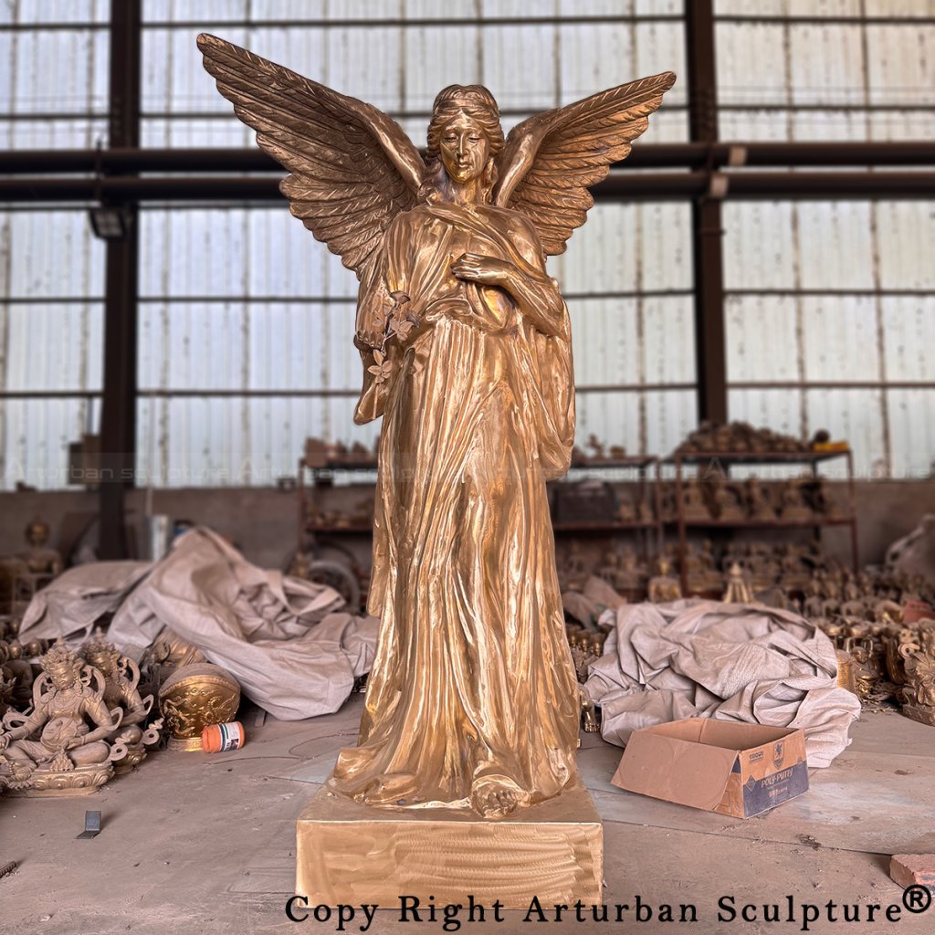 Fully polished Memorial Angel Statue in a raw bronze tone