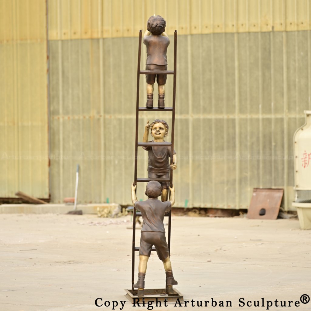rear view of three children on a ladder statue