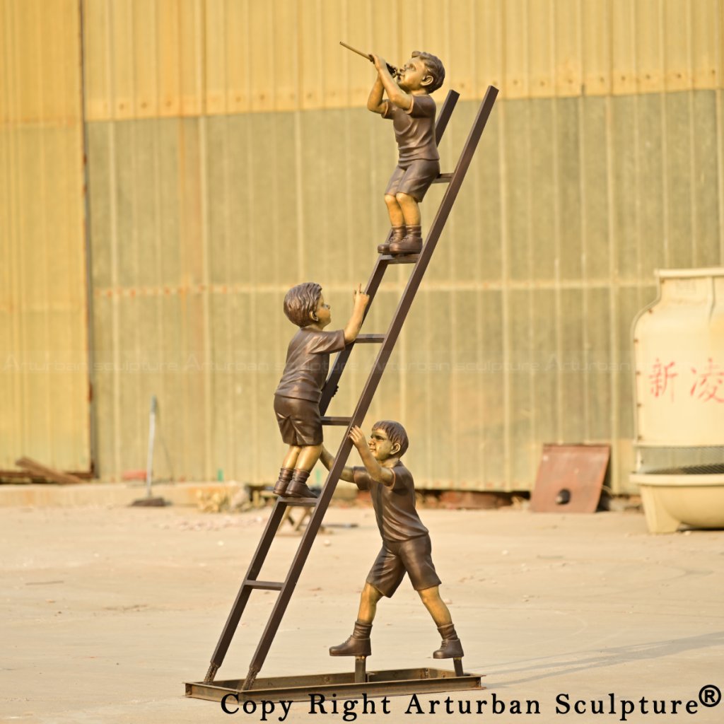 Children on Ladder Statue showing children climbing a ladder, middle child pointing and top child playing a flute