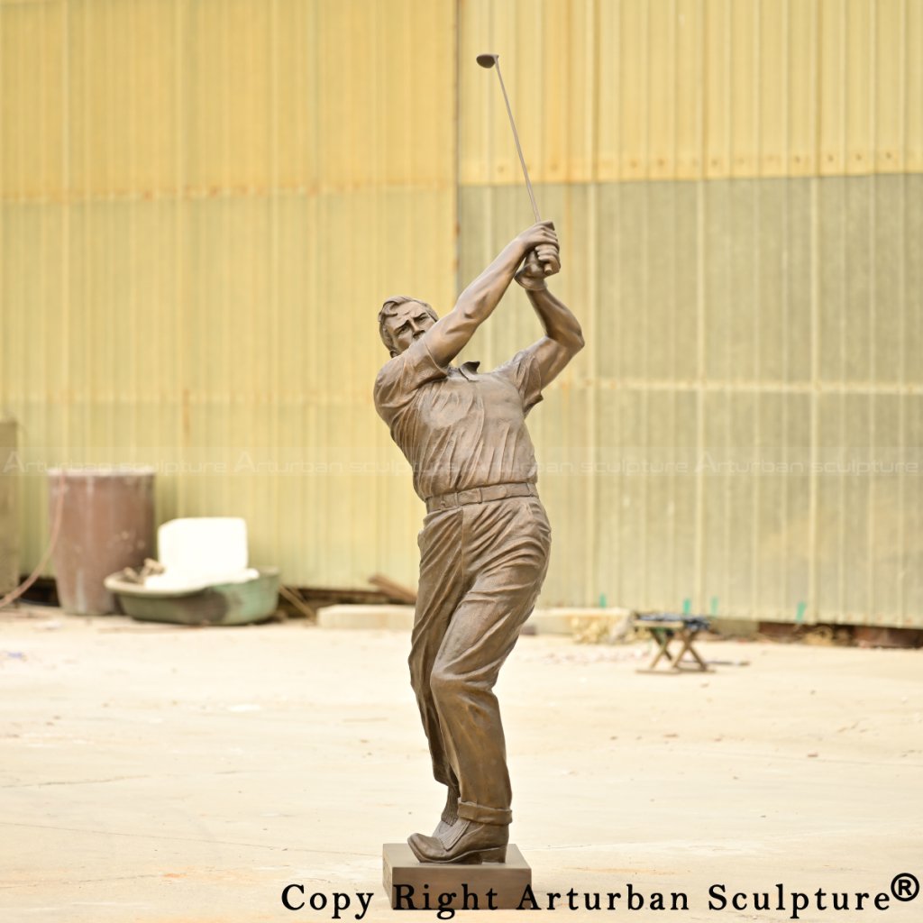 bronze golfer statue shows Palmer's frozen posture after completing the classic golf swing