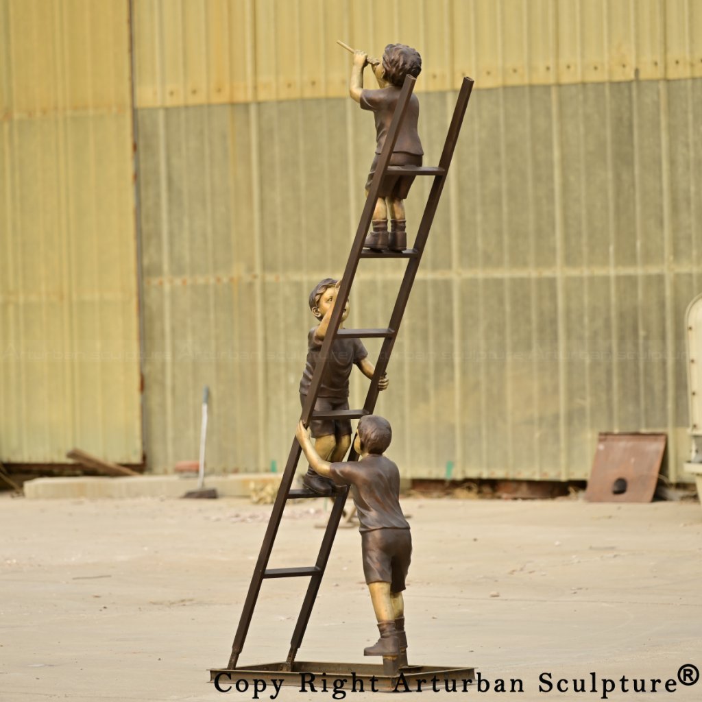 bronze three Children climb on a Ladder Statue