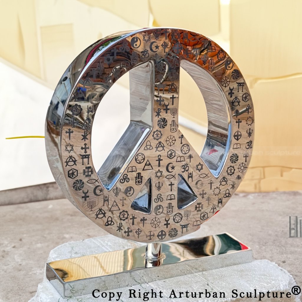 stainless steel Symbol of Peace Sculpture with evenly etched symbols from global religions