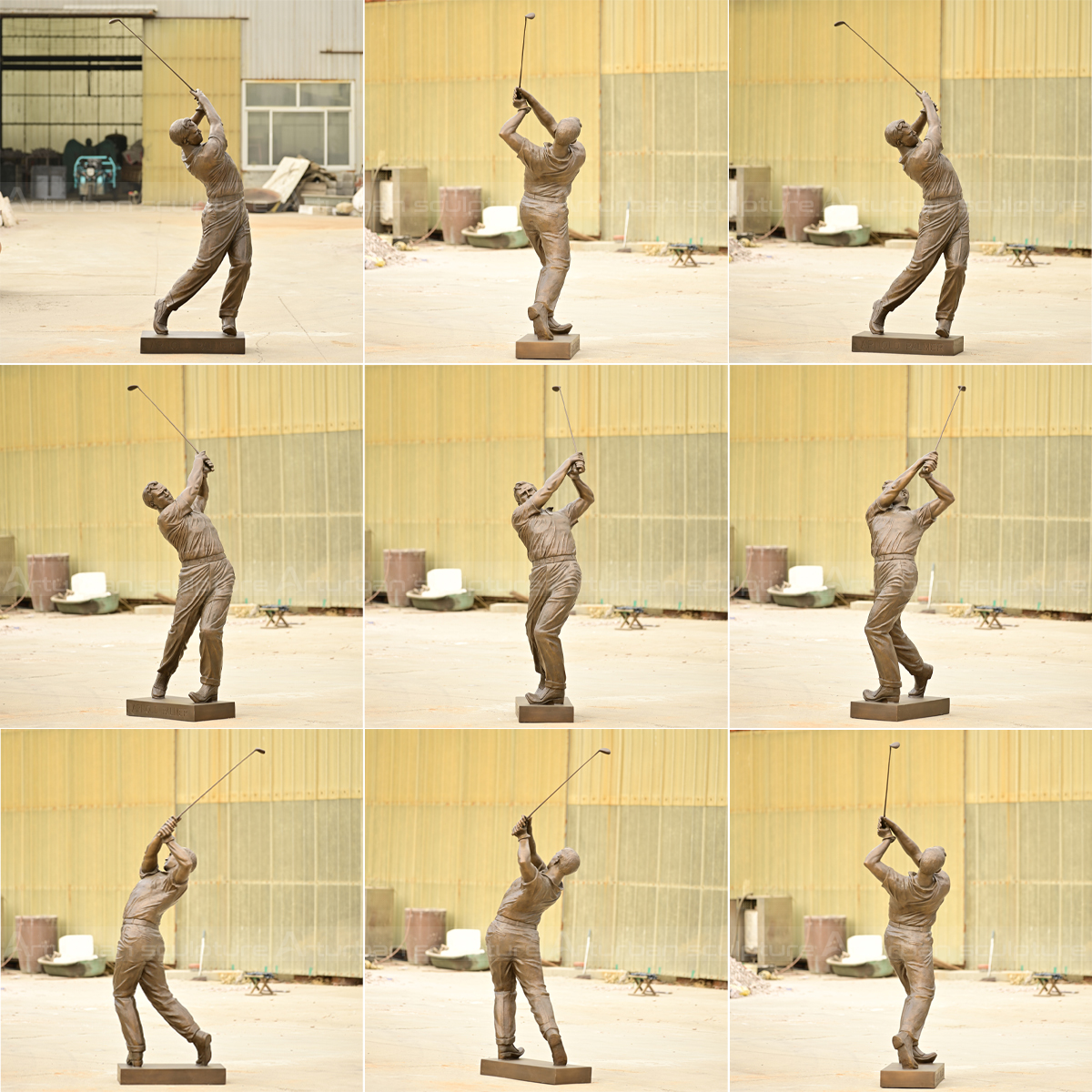 A collage of the Arnold Palmer bronze statue shown from multiple angles