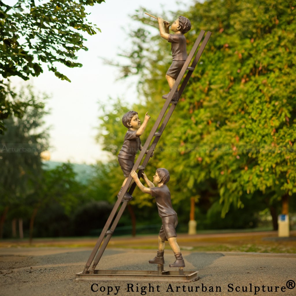 Bronze Children playing on Ladder garden Statue