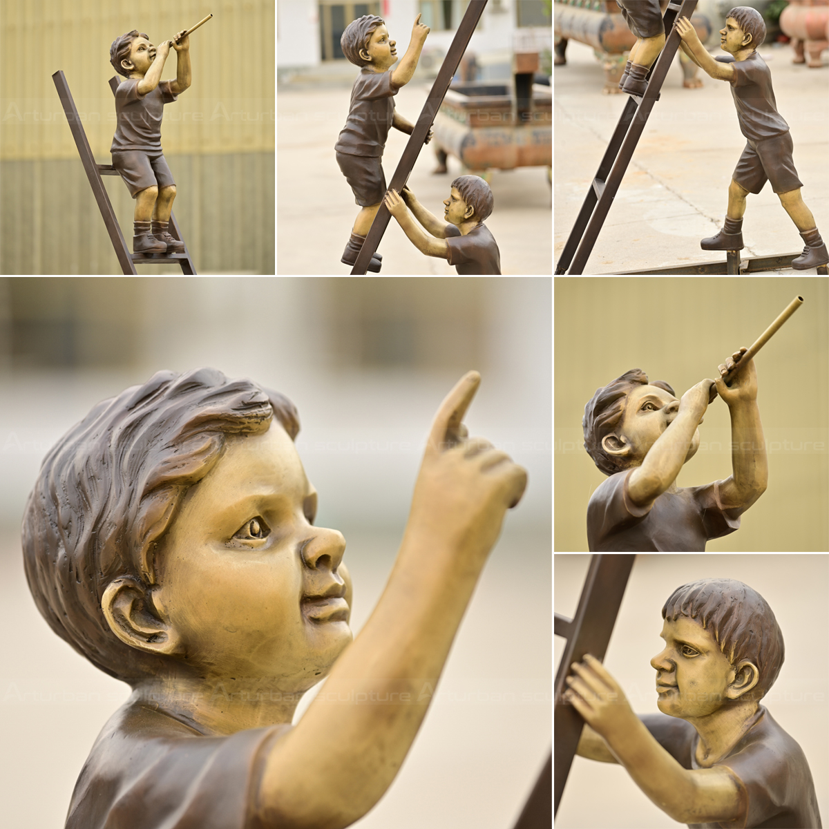 Close-up views of the bronze children on ladder sculpture, highlighting facial expressions, hand gestures, and surface texture