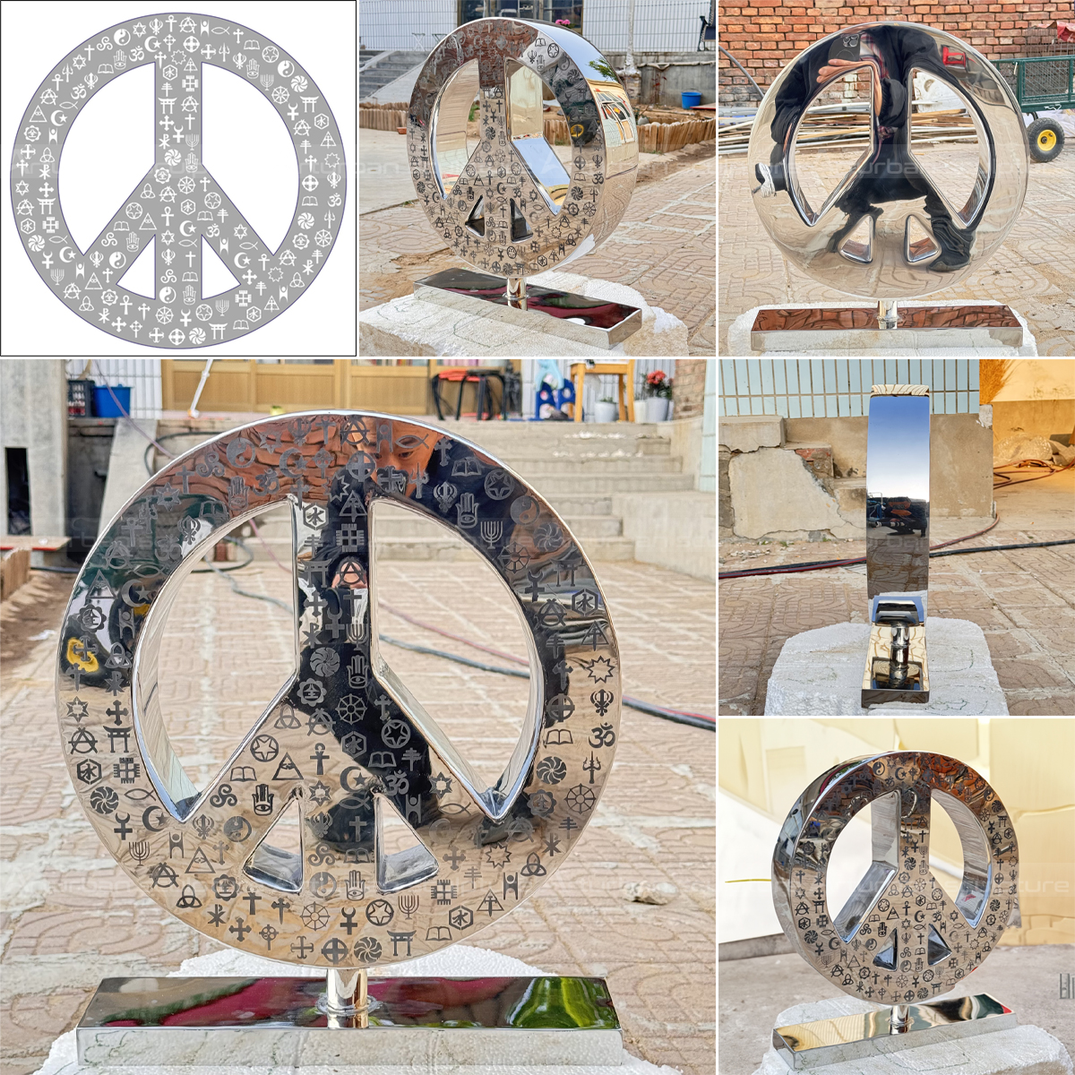 Collage of a stainless steel peace symbol sculpture featuring multiple views