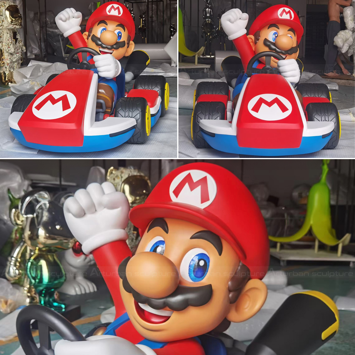 Collage of three angles showing a fiberglass Mario Kart statue