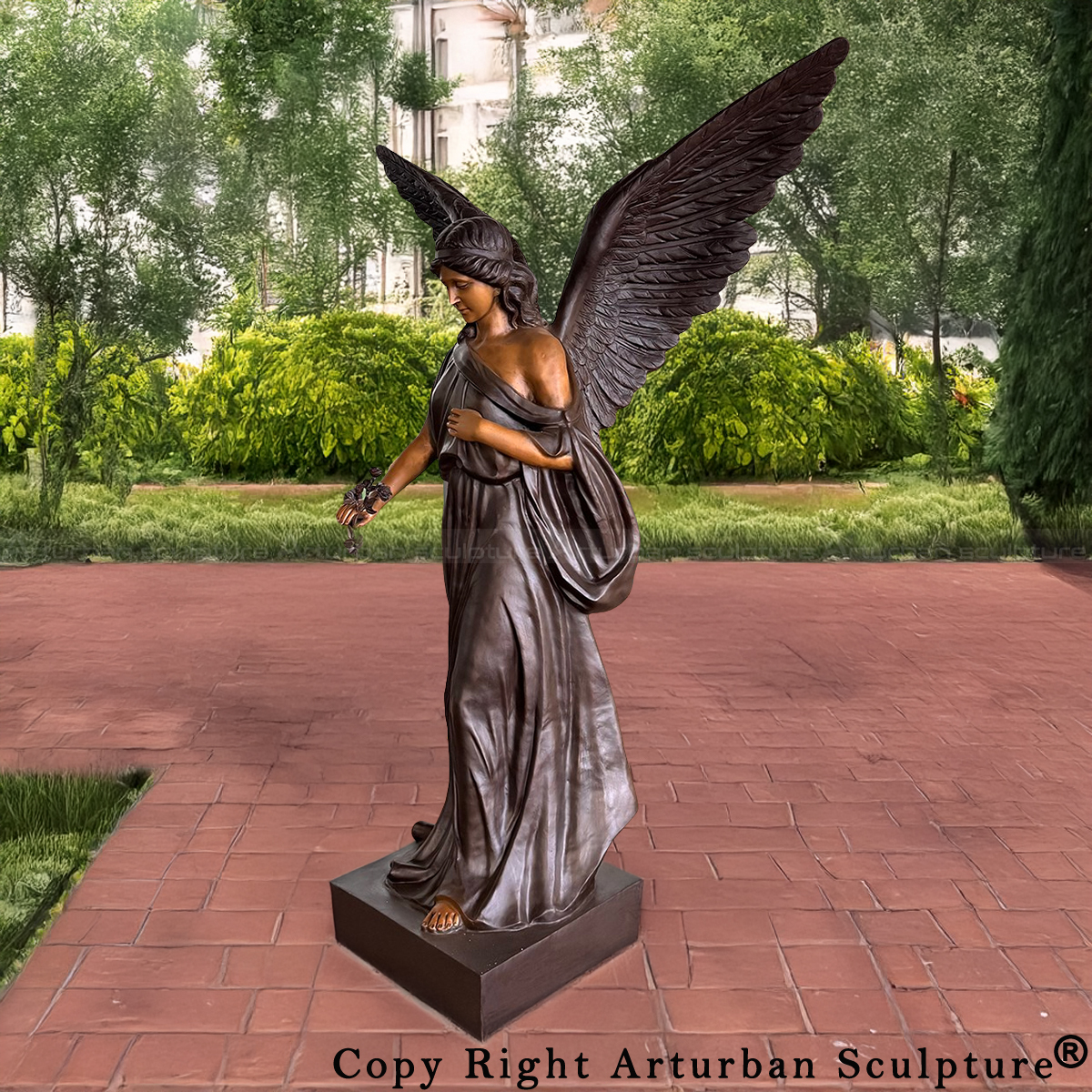 In Memory Angel Garden bronze Statue depicts the angel holding a flower