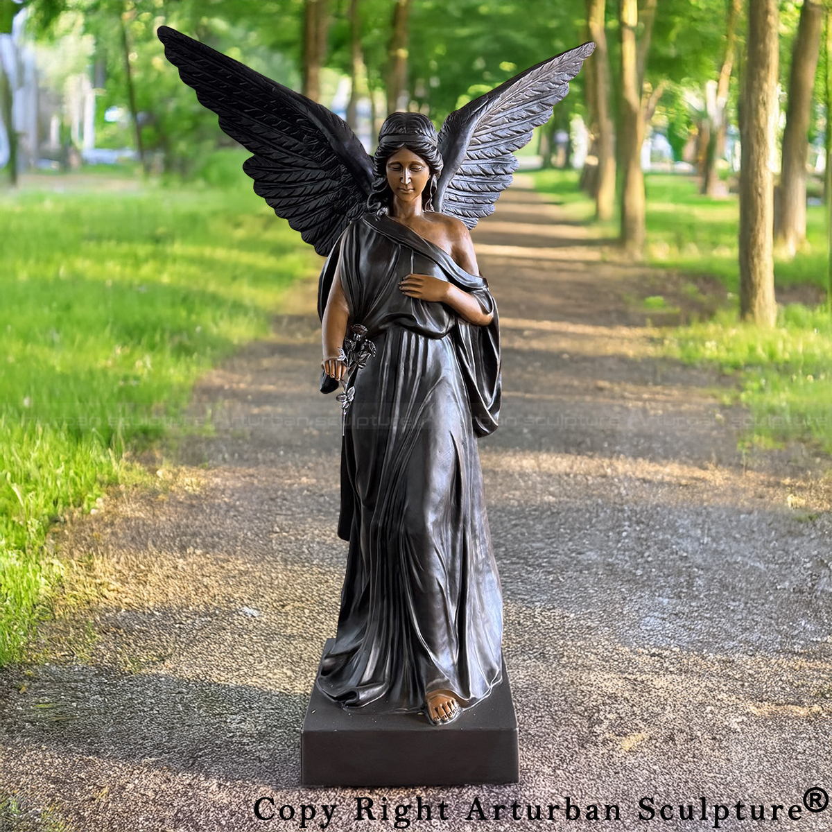 Large Bronze Angel Statue depicts angel holding a rose