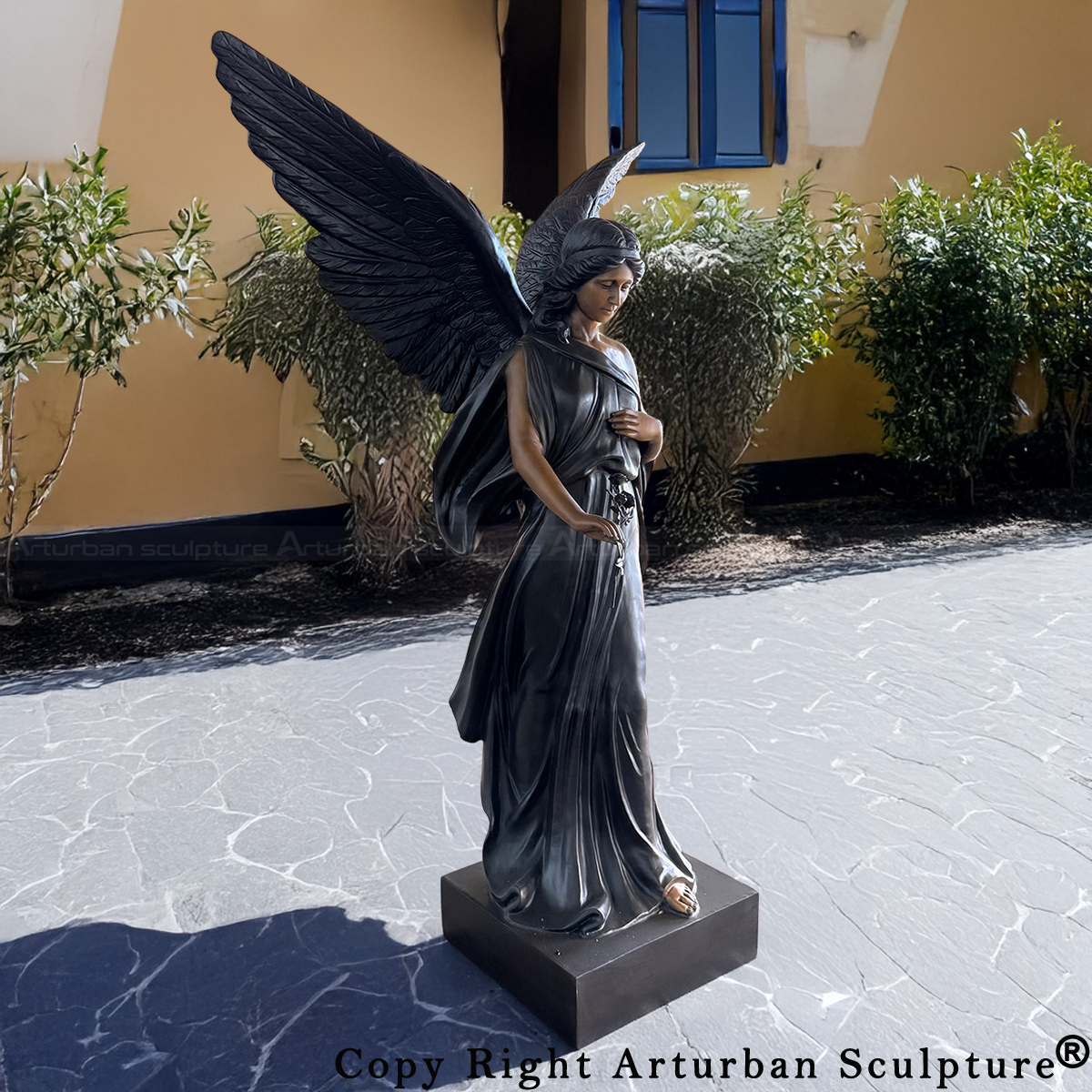 Life Size Bronze Angel Statue standing with right hand holds rose