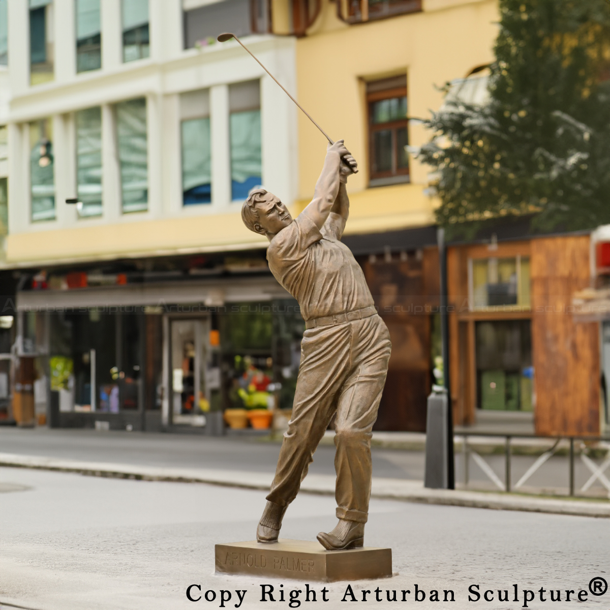 Life Size Golfer bronze Statue depicting Arnold Palmer in a golf swing pose