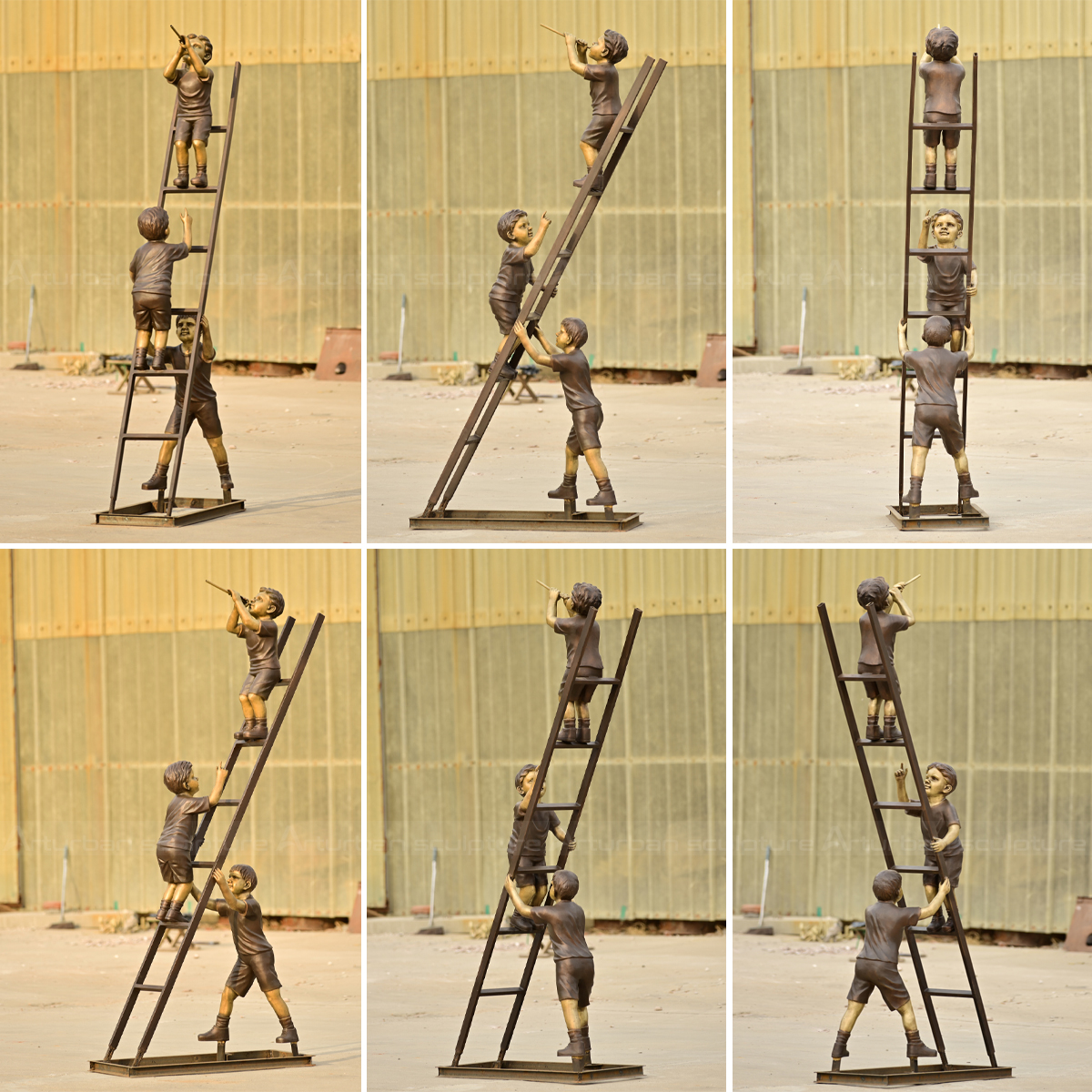 Multiple angles of a bronze sculpture showing three children on a ladder—one holding it, one climbing, and one playing a flute at the top