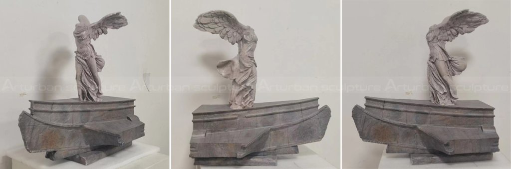 Small Winged Victory of Samothrace Statue shown from multiple indoor angles
