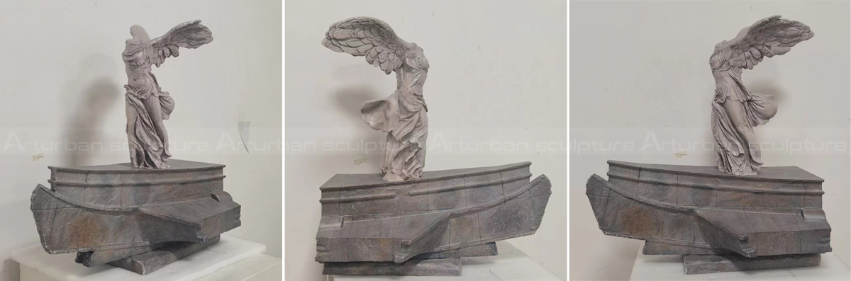 Small Winged Victory of Samothrace Statue shown from multiple indoor angles