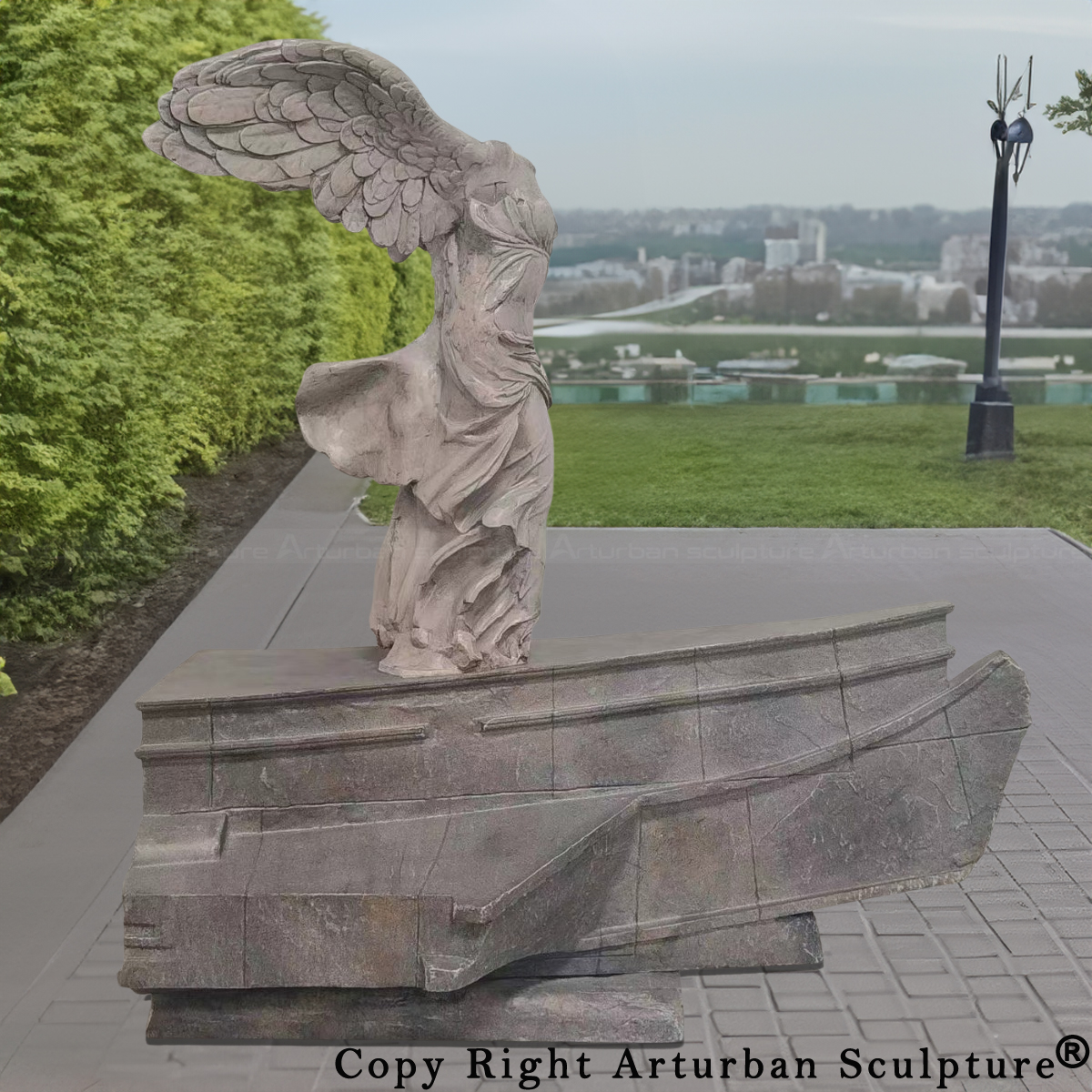 Statue of Winged Victory of Samothrace standing on the prow of an ancient warship