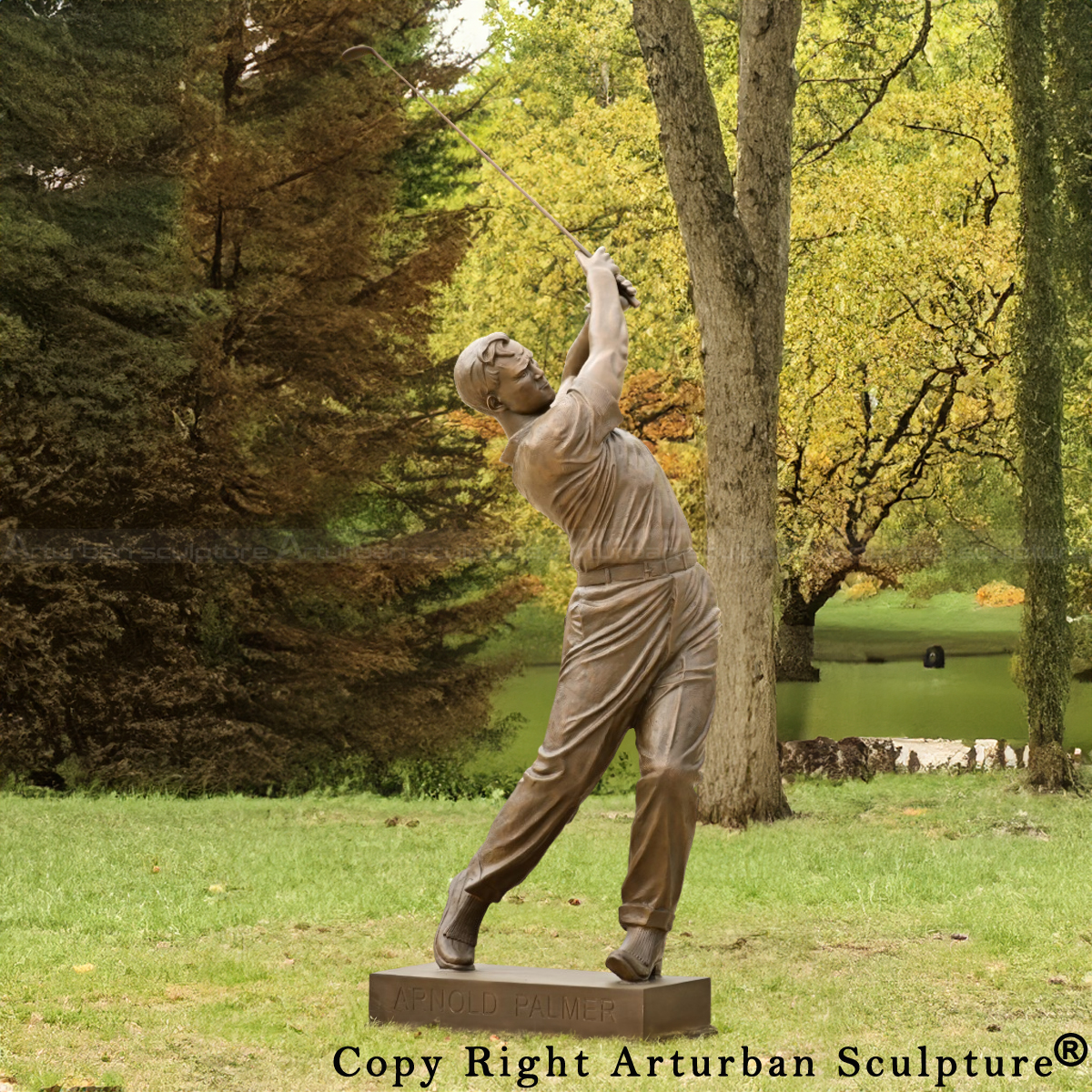 bronze Arnold Palmer outdoor Statue showing the posture after completing his swing