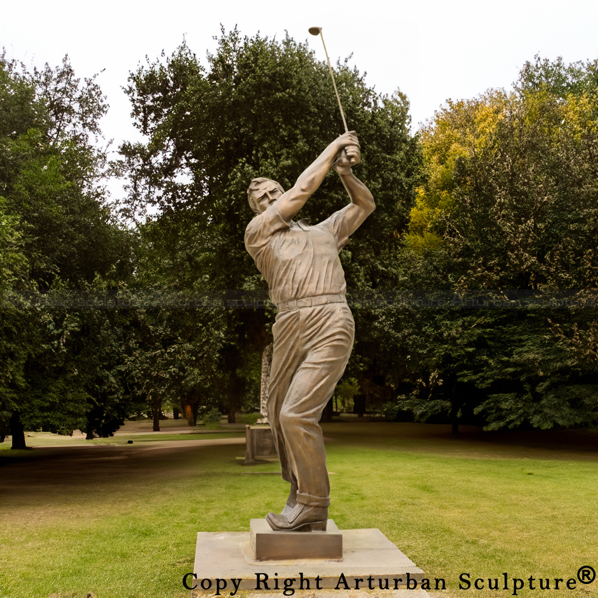 bronze Golf Man garden Statue after Bruce Wolfe showing Arnold Palmer's classic swing