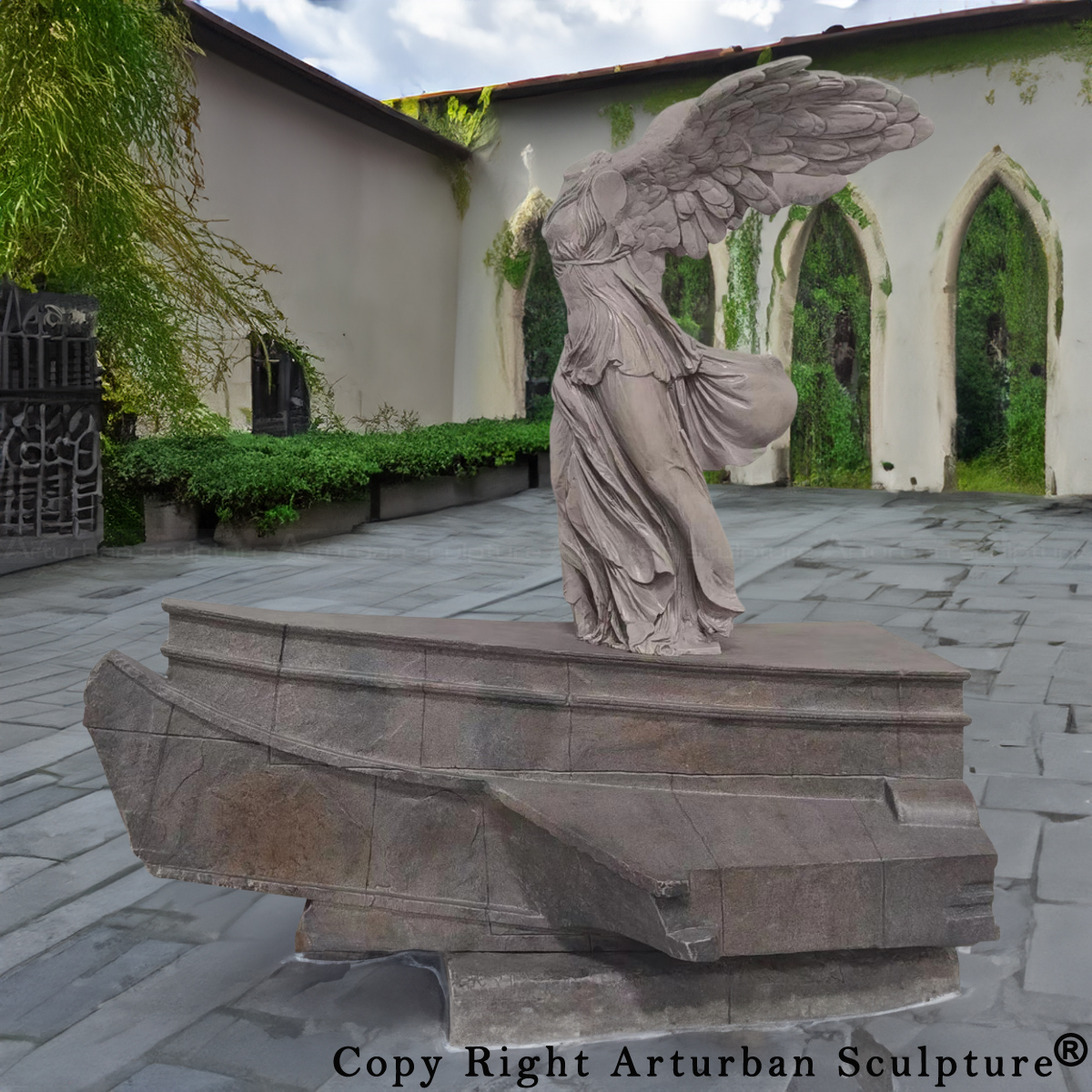 bronze Nike Louvre Sculpture highlighting the ship base and the figure's flowing drapery
