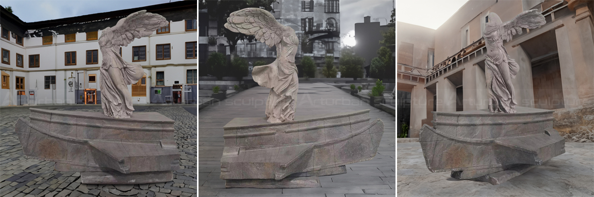 bronze Winged Victory of Samothrace replica statue displayed in various outdoor architectural settings