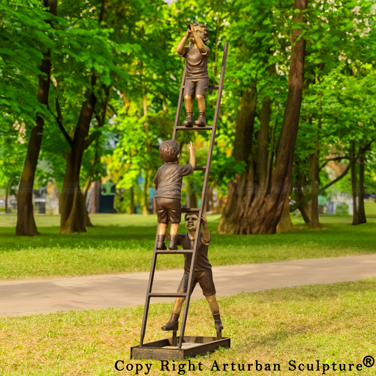 life size Boys on Ladder yard bronze Sculpture