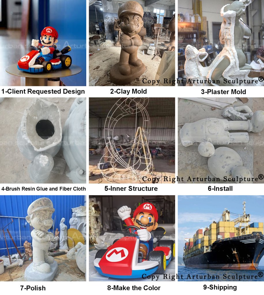 production process of fiberglass mario kart statue