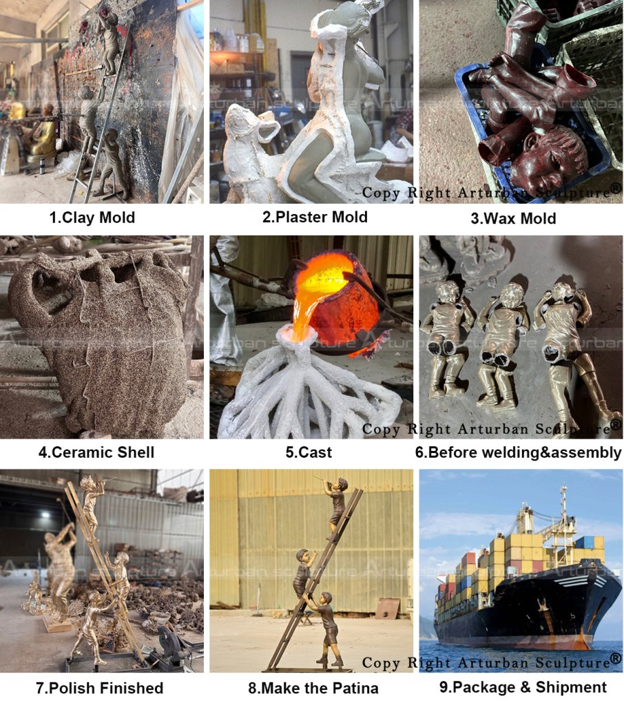 production process of making the bronze Children on Ladder Statue