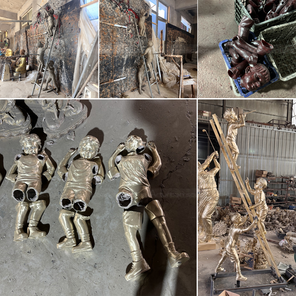 production process of the bronze children on ladder sculpture, including clay modeling, wax casting, and metal assembly stages