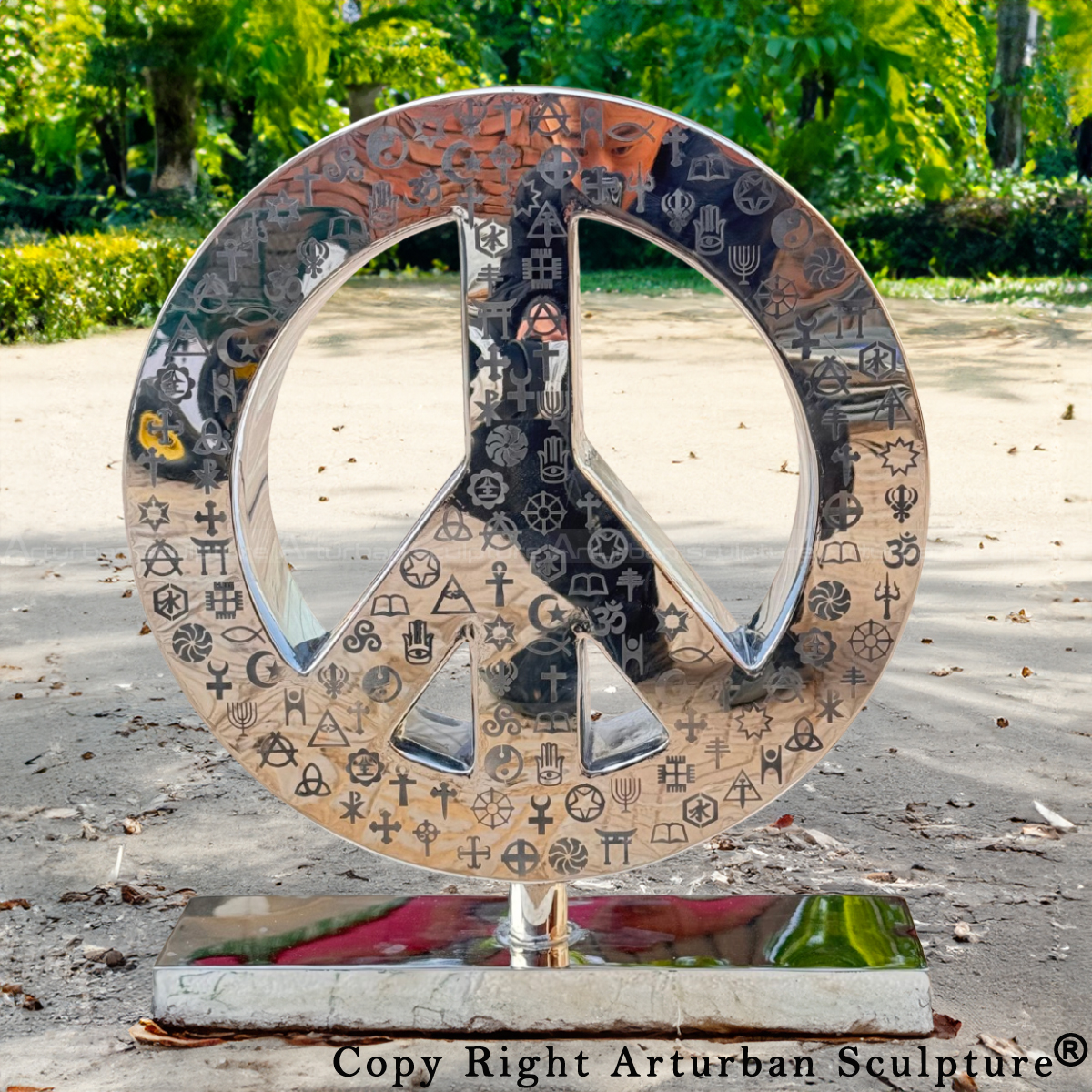 stainless Steel Peace Sign Sculpture front view